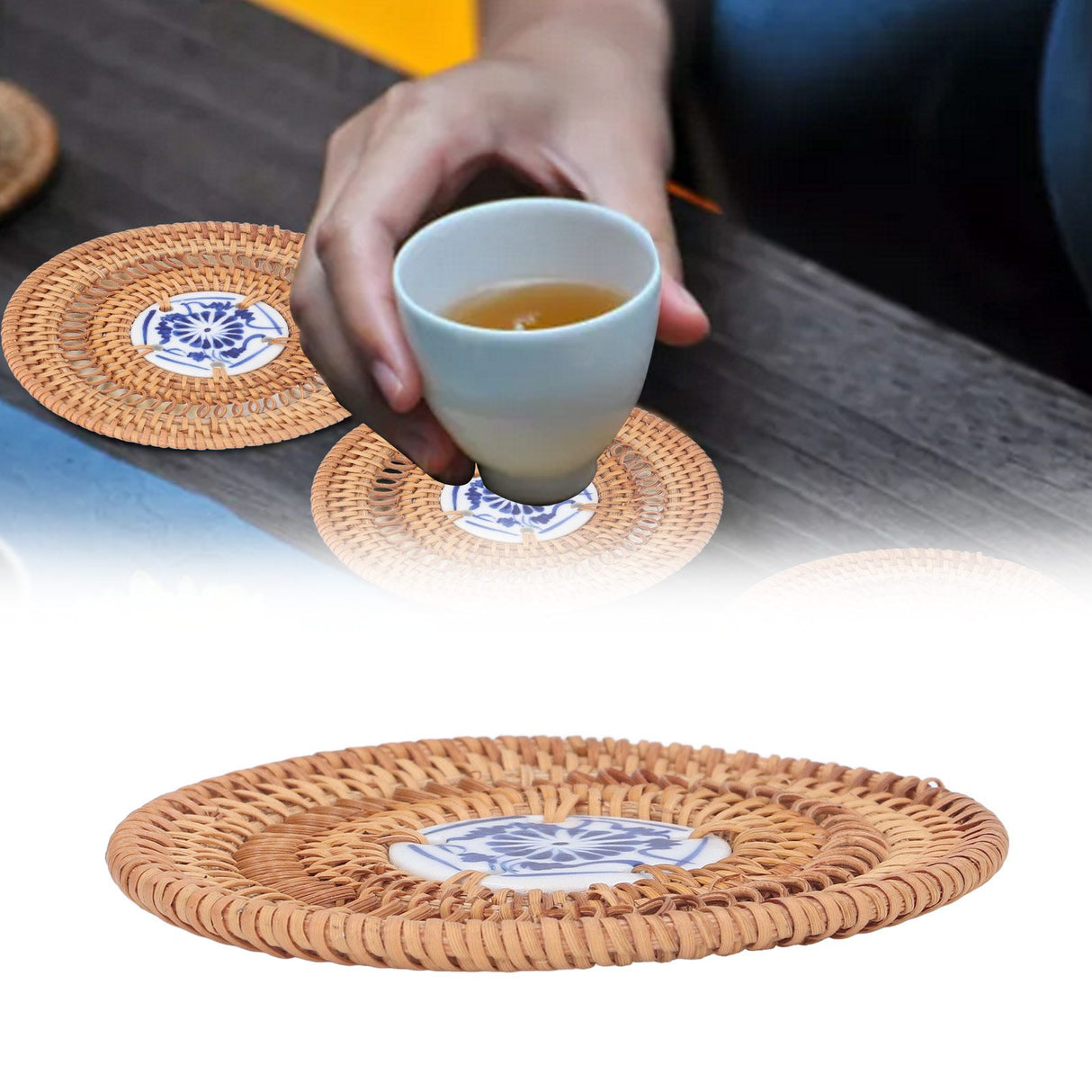 Blue and White Porcelain Coaster Round Woven Rattan Blue White Porcelain Cup Holder for Basil Cups Rattan Cups10cm/3.9in