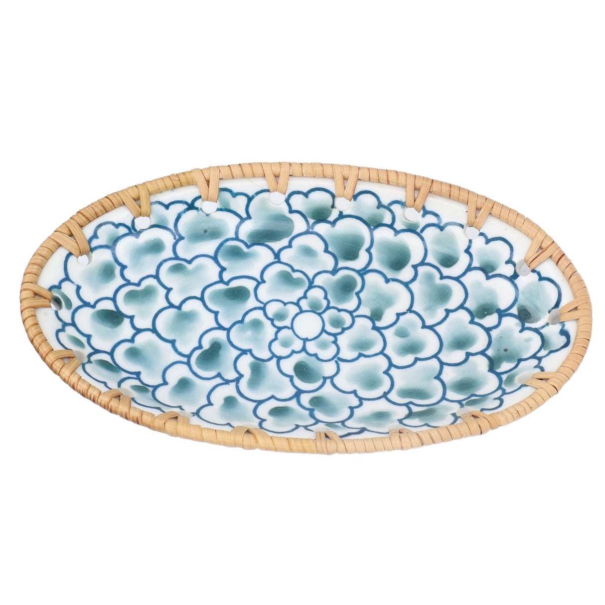 Woven Rattan Ceramic Plate Oval Woven Rattan Porcelain Fruit Plate for Wedding Party Banquet BirthdayInk Blue Flowers