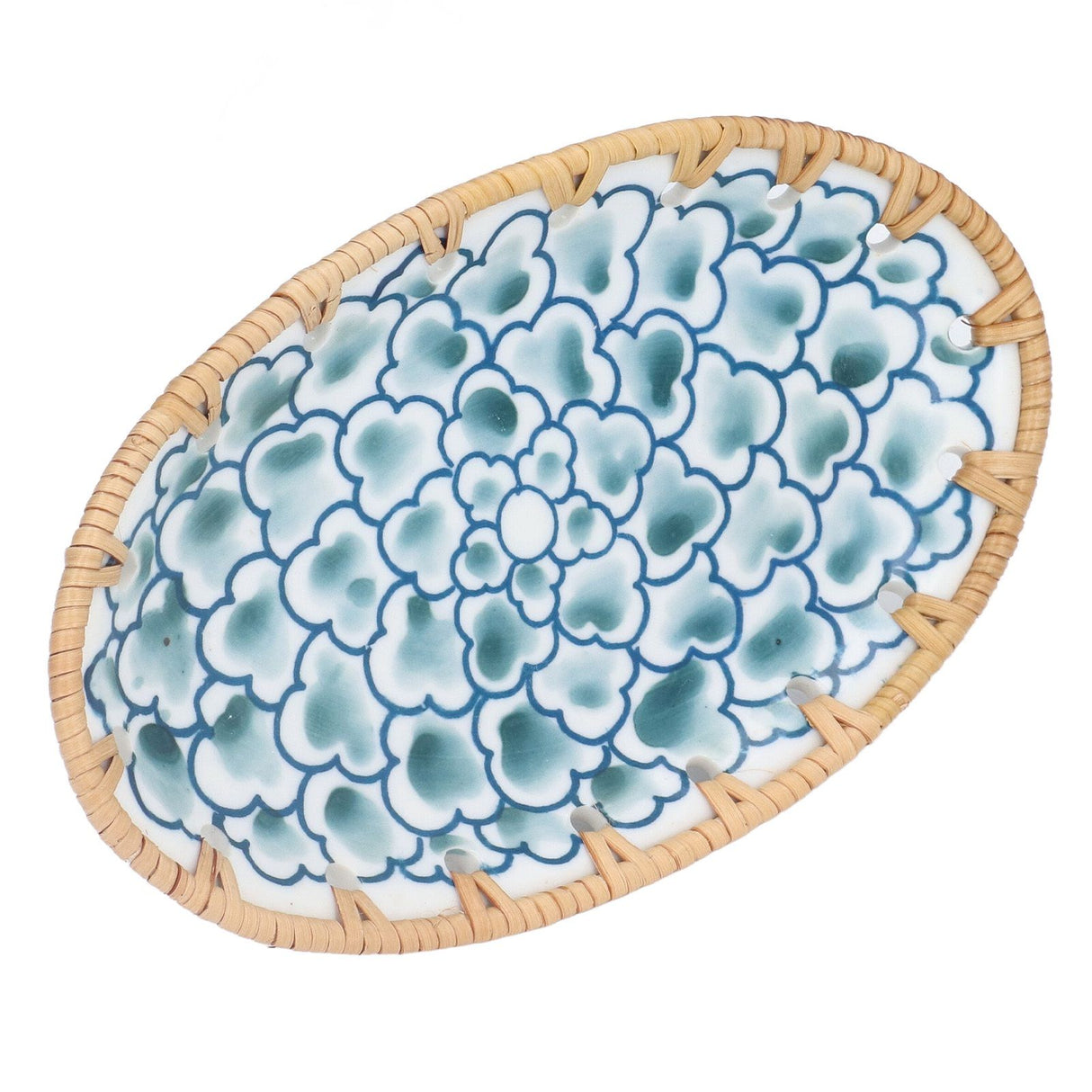 Woven Rattan Ceramic Plate Oval Woven Rattan Porcelain Fruit Plate for Wedding Party Banquet BirthdayInk Blue Flowers