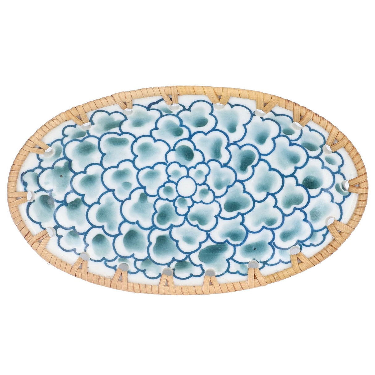 Woven Rattan Ceramic Plate Oval Woven Rattan Porcelain Fruit Plate for Wedding Party Banquet BirthdayInk Blue Flowers