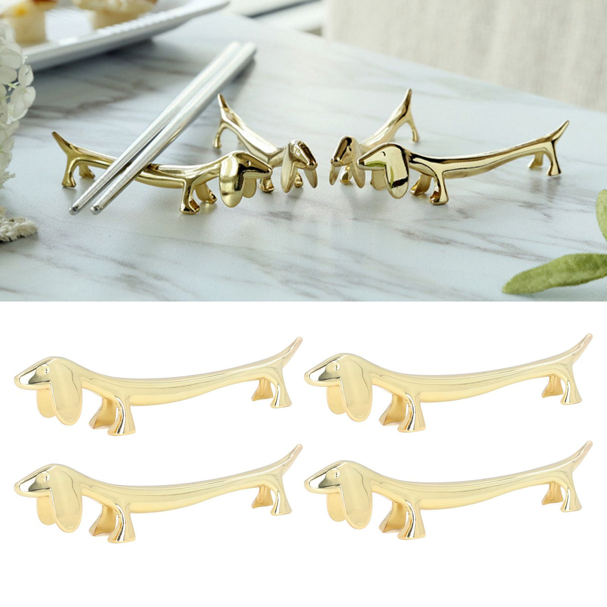4Pcs Chopstick Rest Smoother Surfaces Reusable Cute Animal Design Gold Chopstick Rest for Home Restaurant PartyDachshund