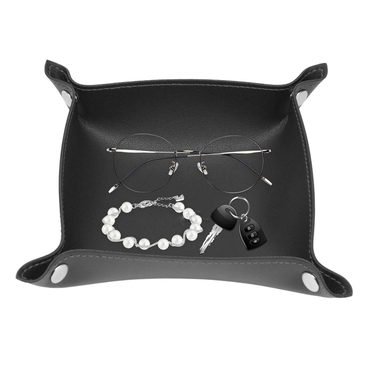 Leather Tray Fashionable Design Artificial Leather Durable Wide Application Mens Valet Tray for Jewelry Watch Key PhoneBlack