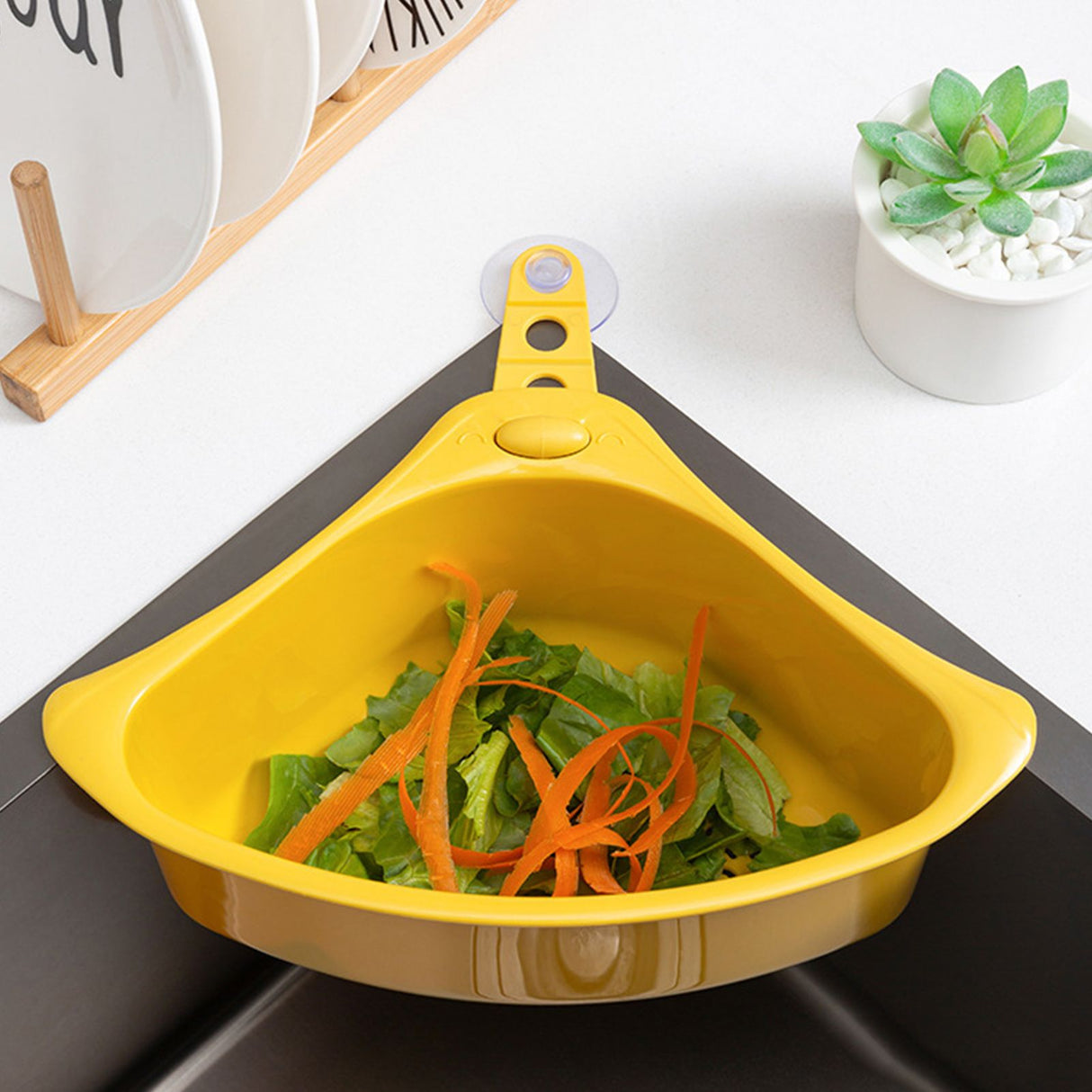 Kitchen Triangular Drain Basket Stable Easy Draining Corner Sink Strainer Basket for KitchenYellow