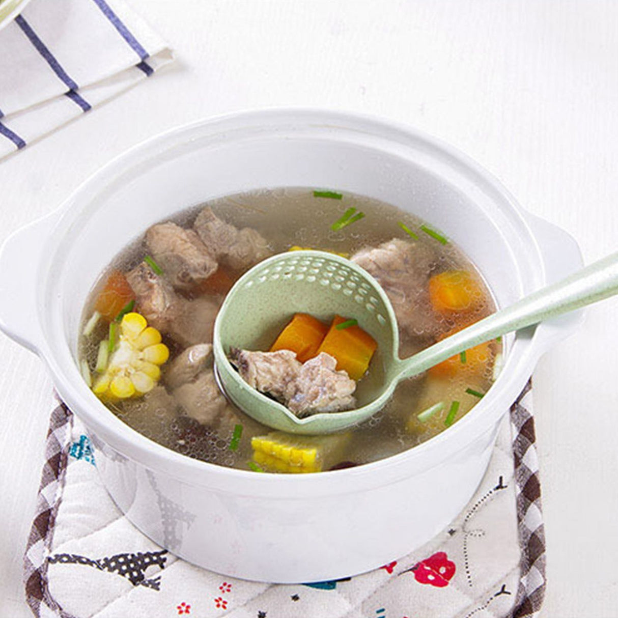 Long Handle Colander 2 in 1 Kitchen Anti Scald Long Handle Round Filter Colander Spoon TablewareGreen