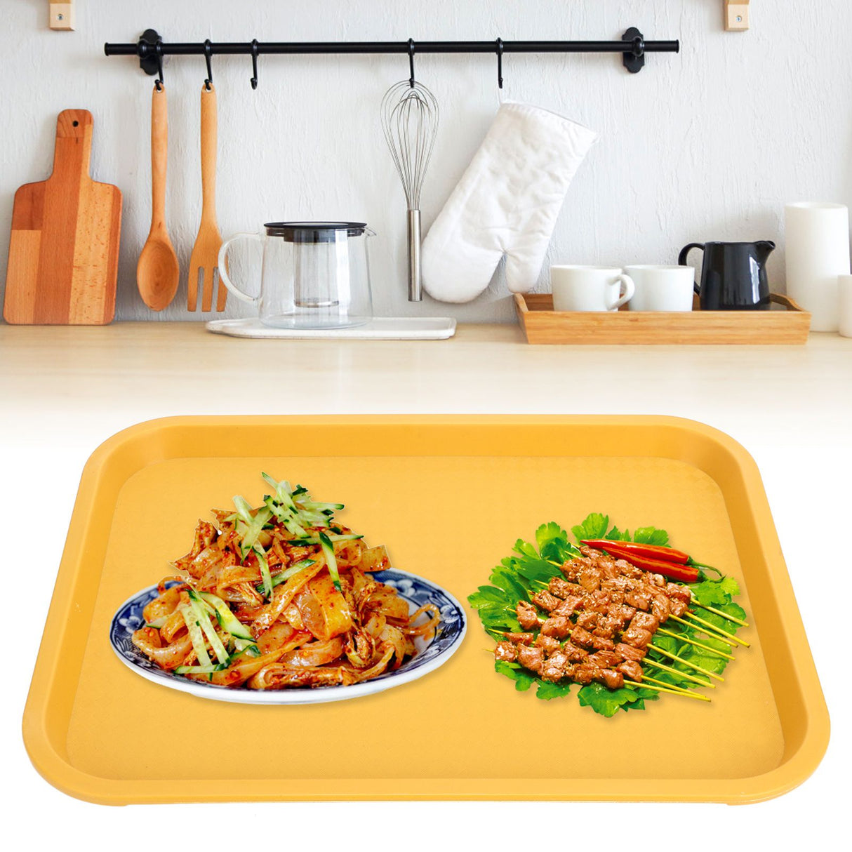 Fast Food Tray PP Rectangular Thick Slip Resistant Multi Purpose Food Service Tray for Restaurant CanteenYellow