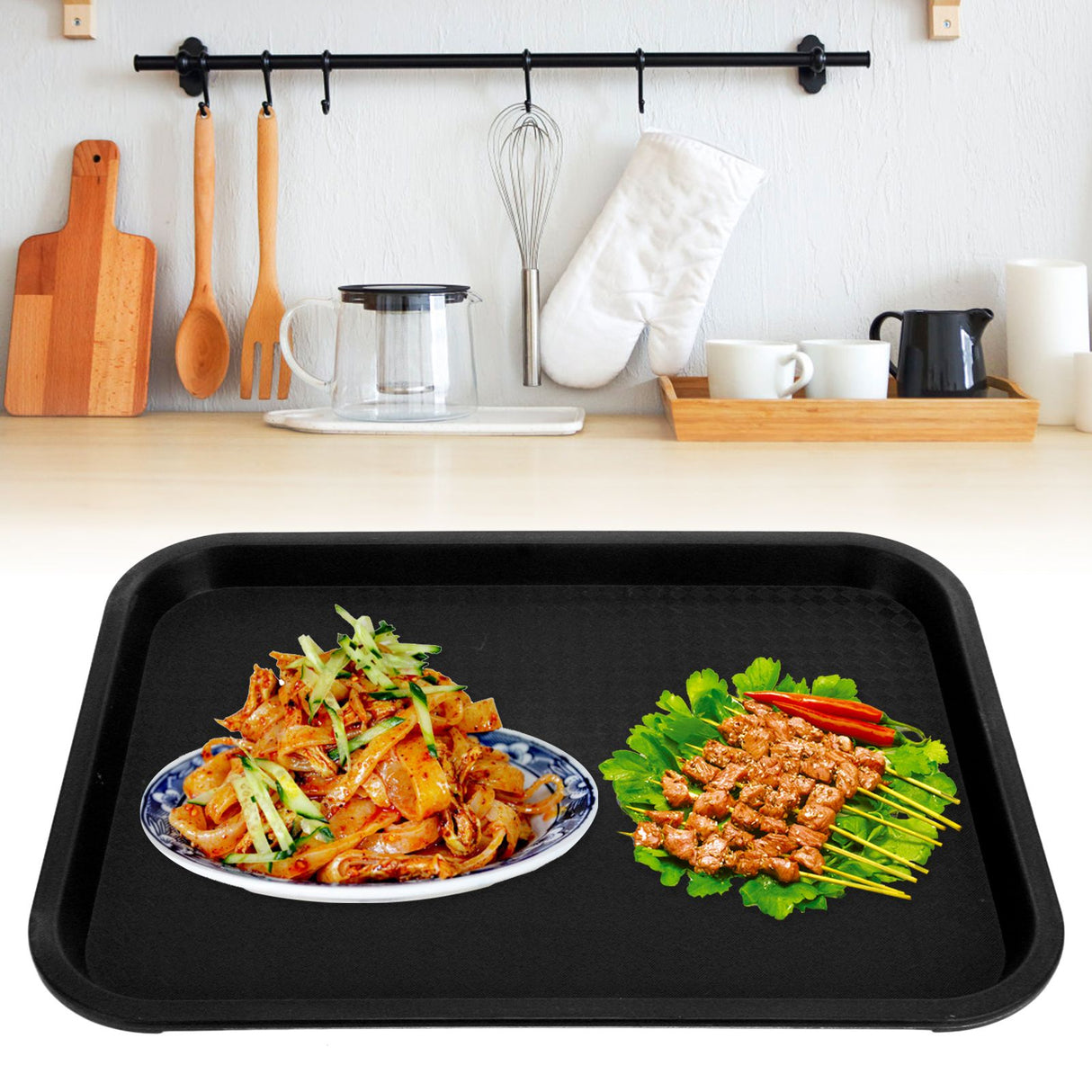 Fast Food Tray PP Rectangular Thick Slip Resistant Multi Purpose Food Service Tray for Restaurant CanteenBlack