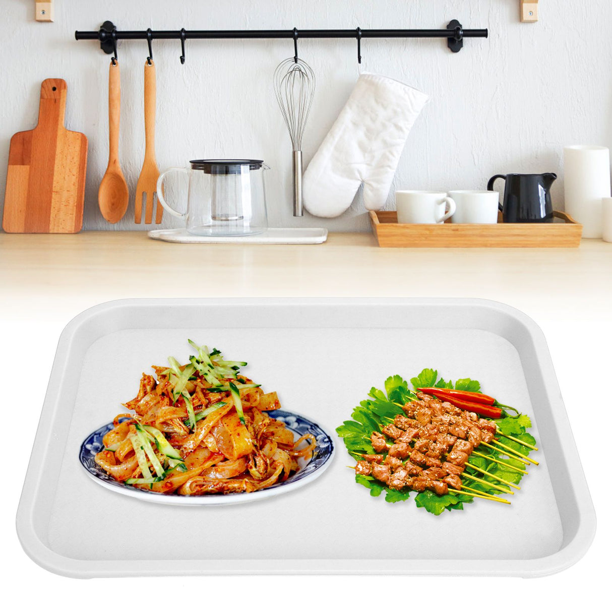 Fast Food Tray PP Rectangular Thick Slip Resistant Multi Purpose Food Service Tray for Restaurant CanteenWhite