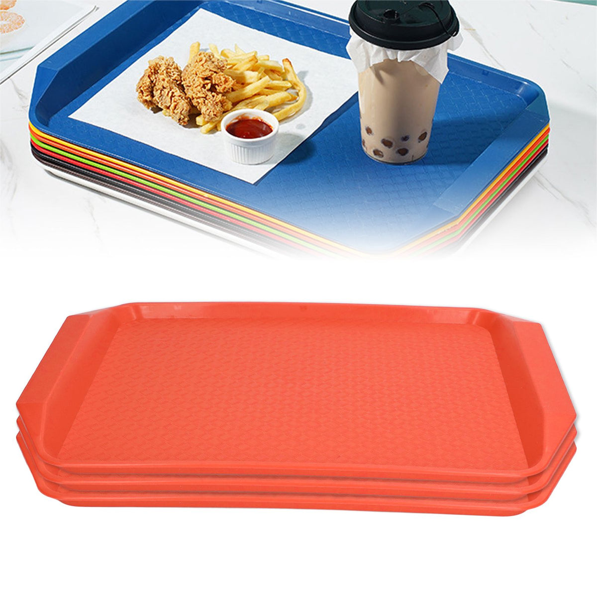 3PCS Colorful Food Tray Rectangle Thickened Binaural Plastic Tray Heat Resistance Stackable Cafeteria Trays for HotelOrange