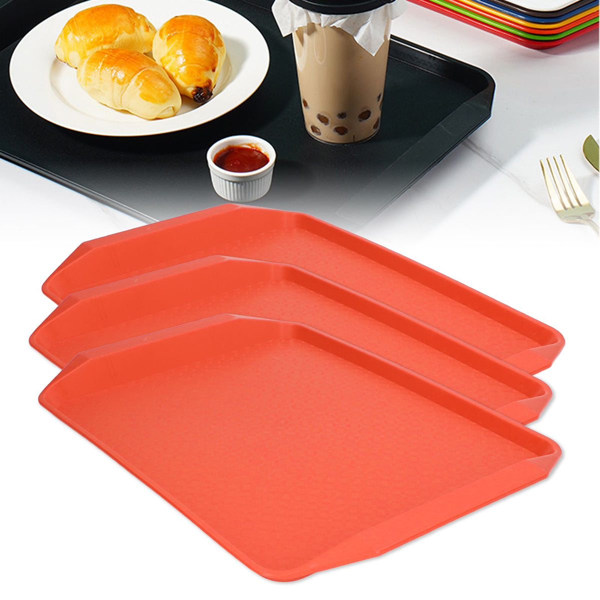 3PCS Colorful Food Tray Rectangle Thickened Binaural Plastic Tray Heat Resistance Stackable Cafeteria Trays for HotelOrange