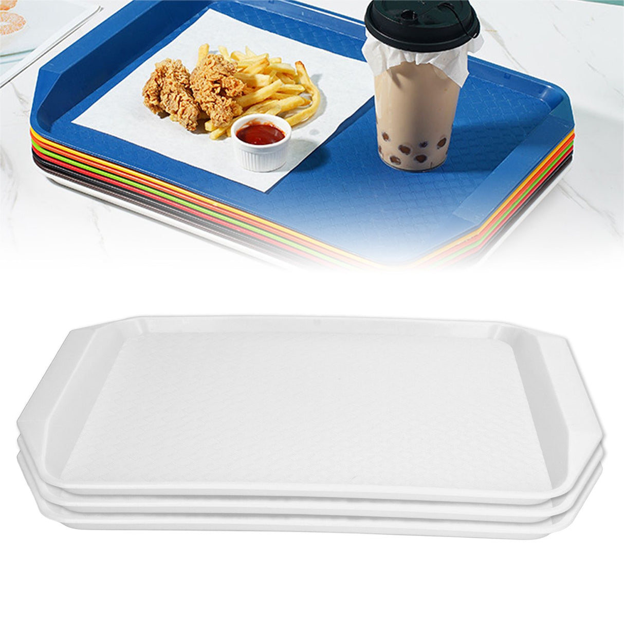 3PCS Colorful Food Tray Rectangle Thickened Binaural Plastic Tray Heat Resistance Stackable Cafeteria Trays for HotelWhite