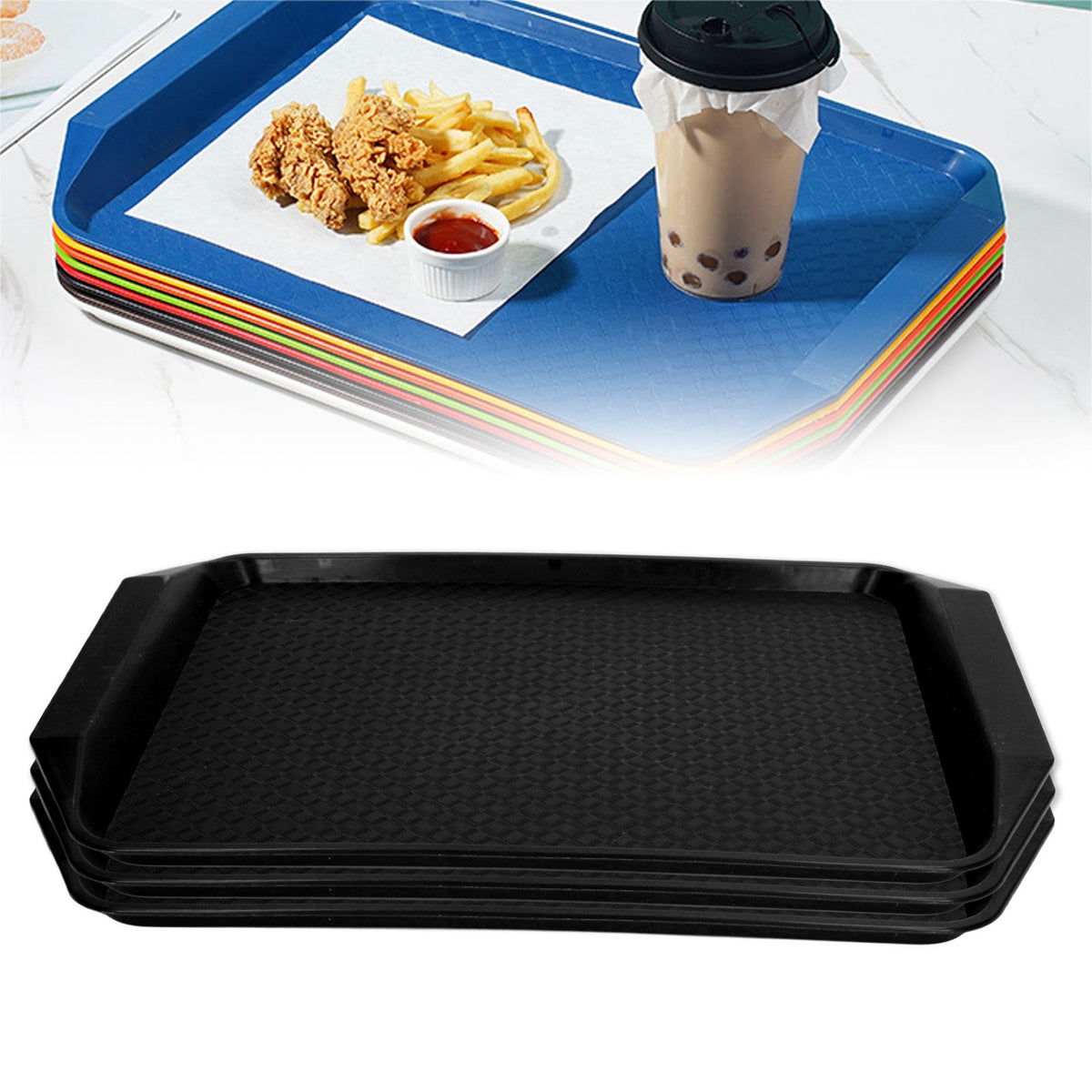 3PCS Colorful Food Tray Rectangle Thickened Binaural Plastic Tray Heat Resistance Stackable Cafeteria Trays for HotelBlack