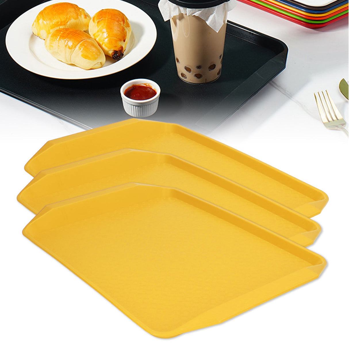 3PCS Colorful Food Tray Rectangle Thickened Binaural Plastic Tray Heat Resistance Stackable Cafeteria Trays for HotelYellow