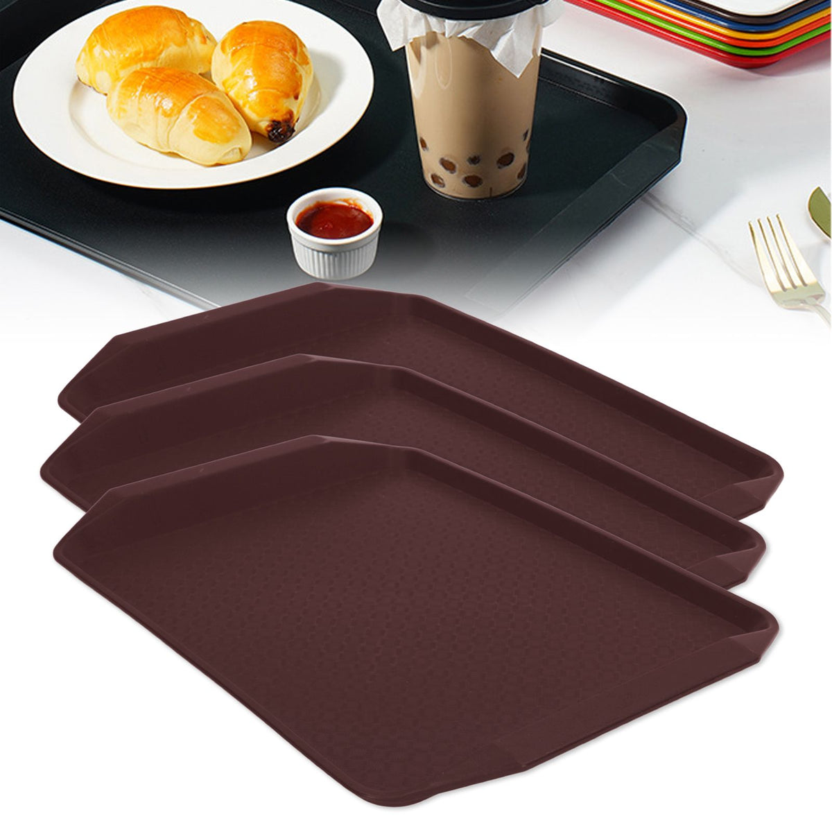 3PCS Colorful Food Tray Rectangle Thickened Binaural Plastic Tray Heat Resistance Stackable Cafeteria Trays for HotelCoffee
