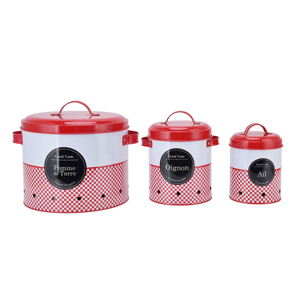 3 Pcs Canister Set Large Capacity Red White Round Storage Bucket Farmhouse Kitchen Candy Snack Metal Storage Containers