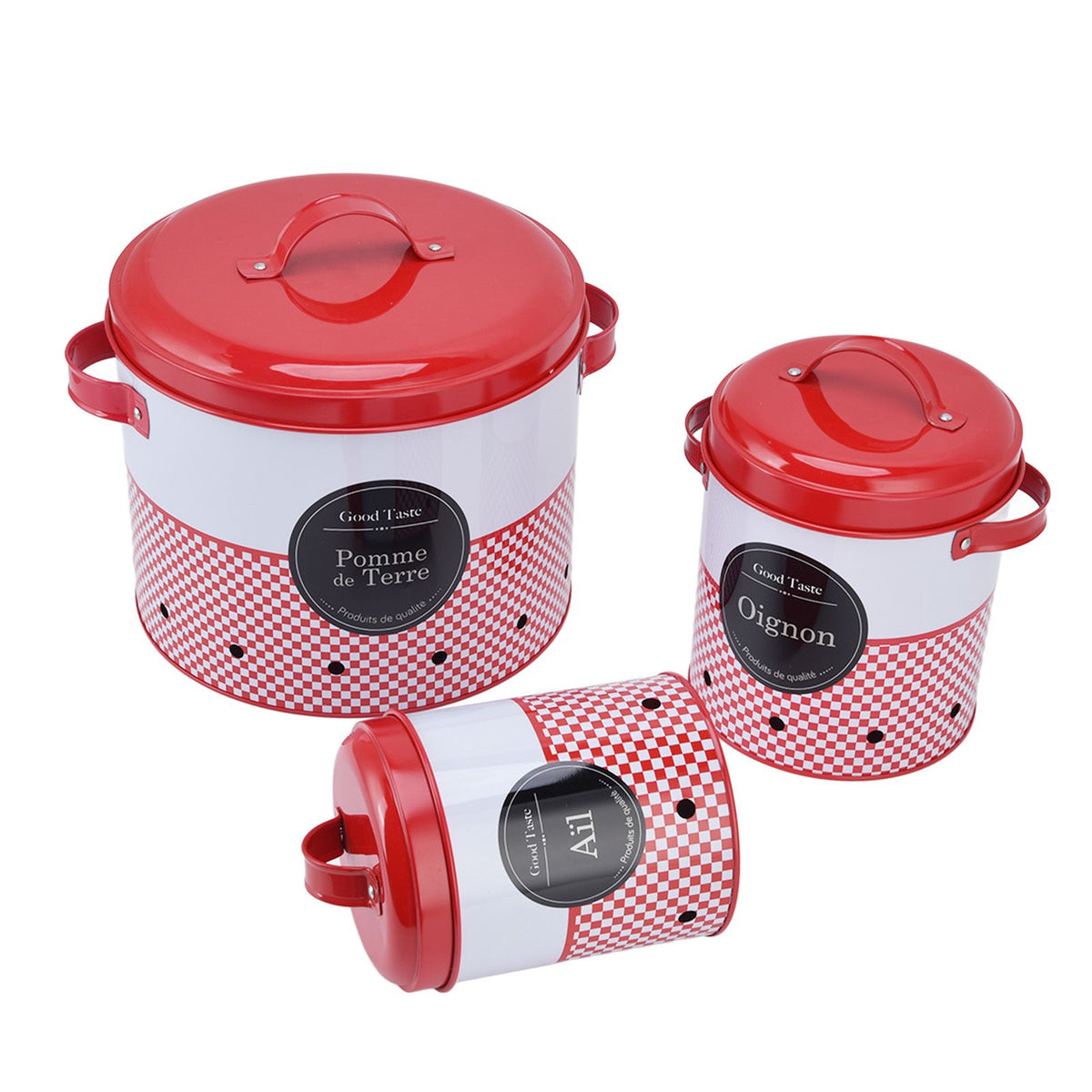 3 Pcs Canister Set Large Capacity Red White Round Storage Bucket Farmhouse Kitchen Candy Snack Metal Storage Containers