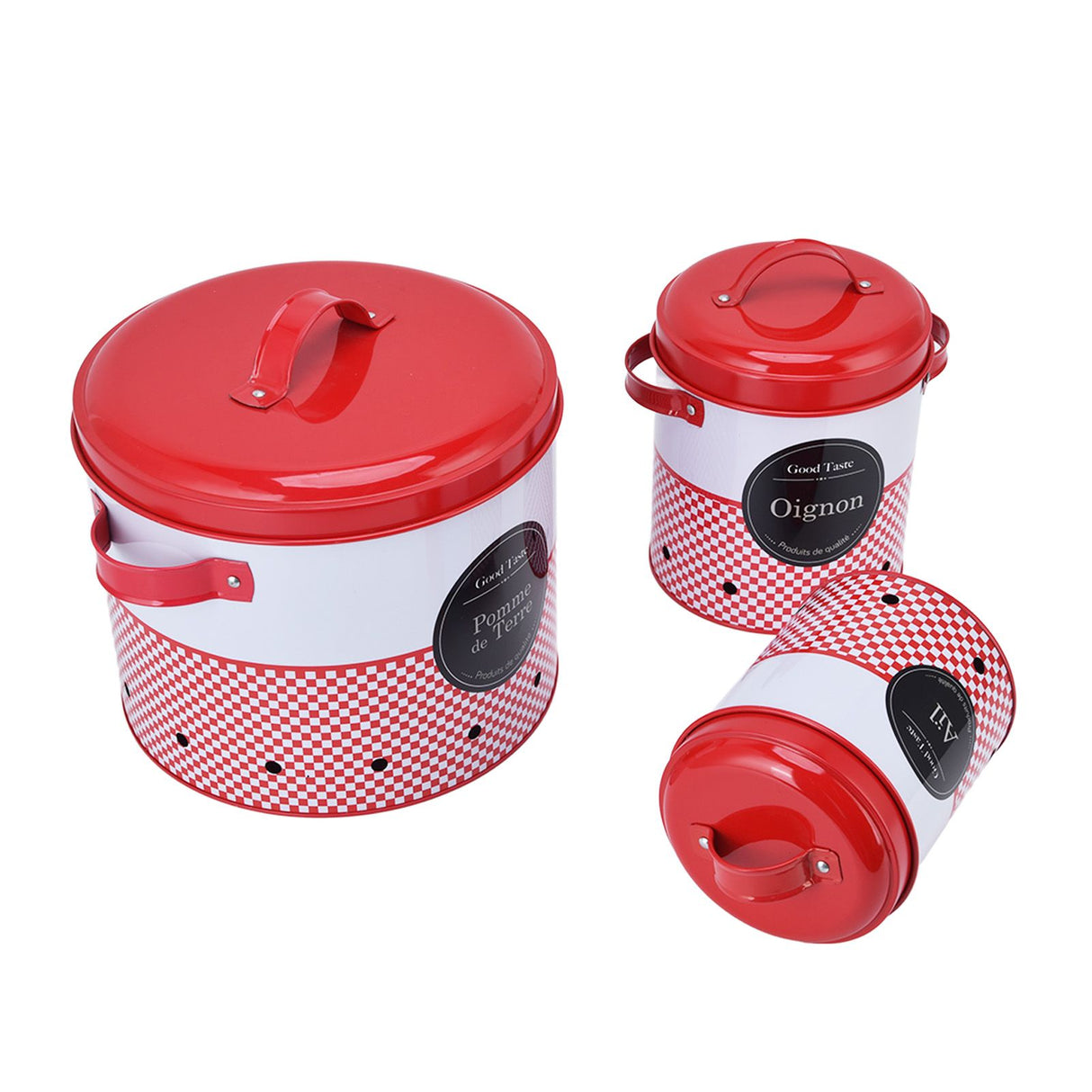 3 Pcs Canister Set Large Capacity Red White Round Storage Bucket Farmhouse Kitchen Candy Snack Metal Storage Containers