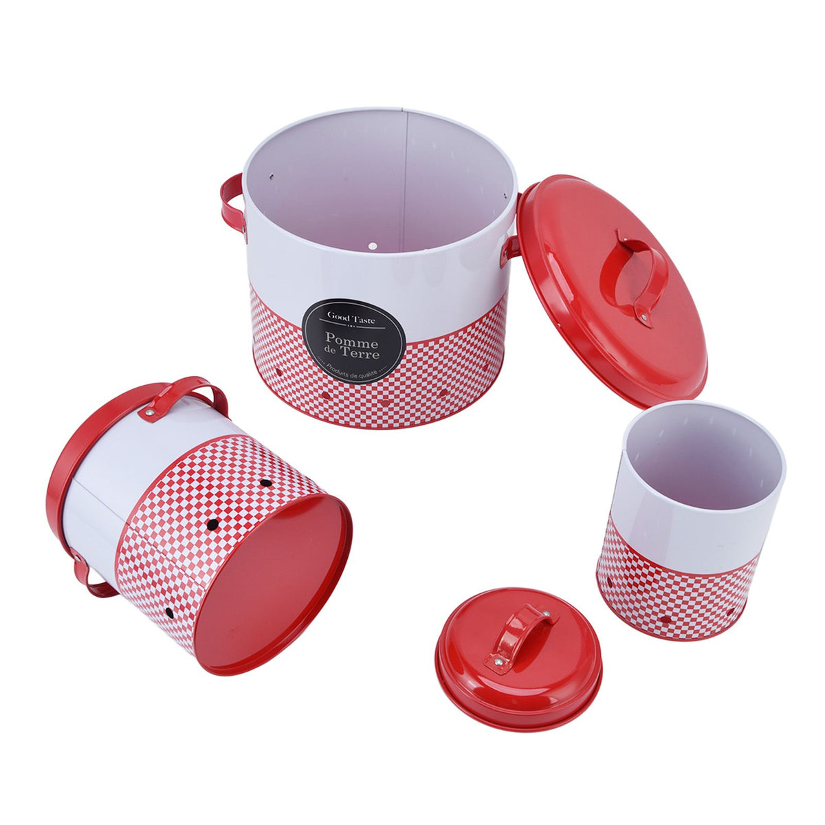 3 Pcs Canister Set Large Capacity Red White Round Storage Bucket Farmhouse Kitchen Candy Snack Metal Storage Containers