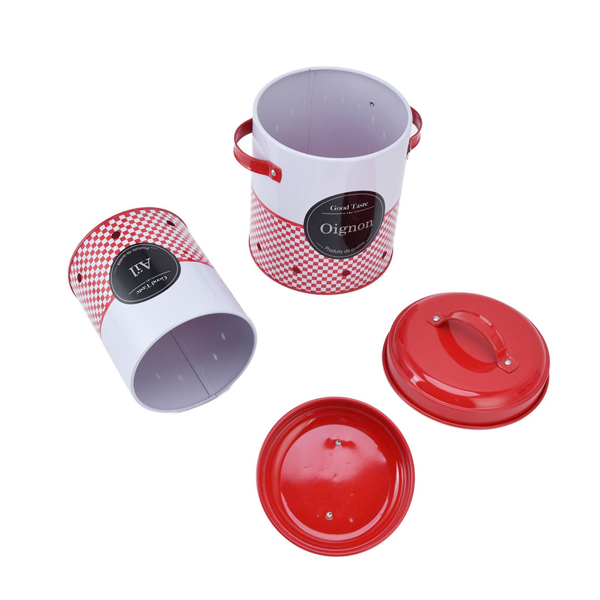 3 Pcs Canister Set Large Capacity Red White Round Storage Bucket Farmhouse Kitchen Candy Snack Metal Storage Containers