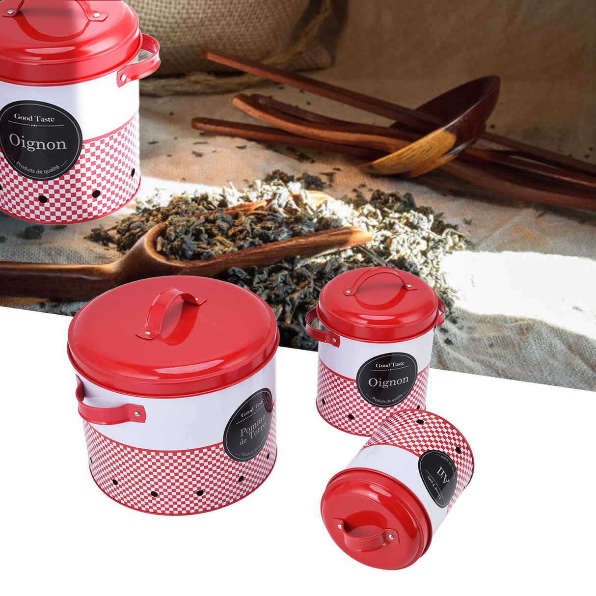 3 Pcs Canister Set Large Capacity Red White Round Storage Bucket Farmhouse Kitchen Candy Snack Metal Storage Containers