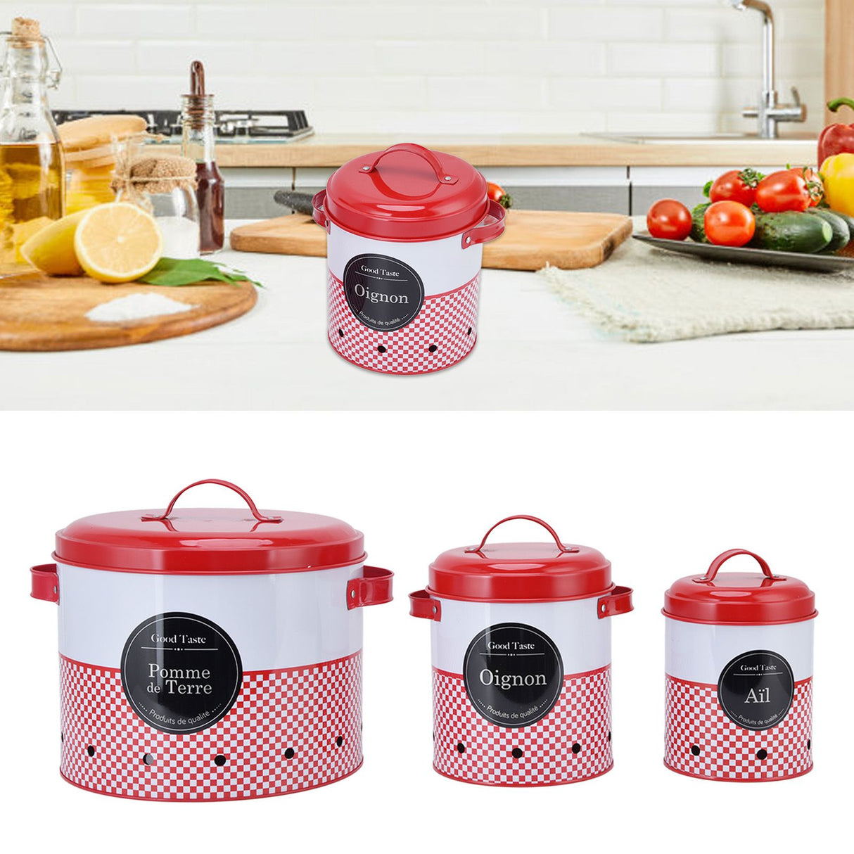 3 Pcs Canister Set Large Capacity Red White Round Storage Bucket Farmhouse Kitchen Candy Snack Metal Storage Containers