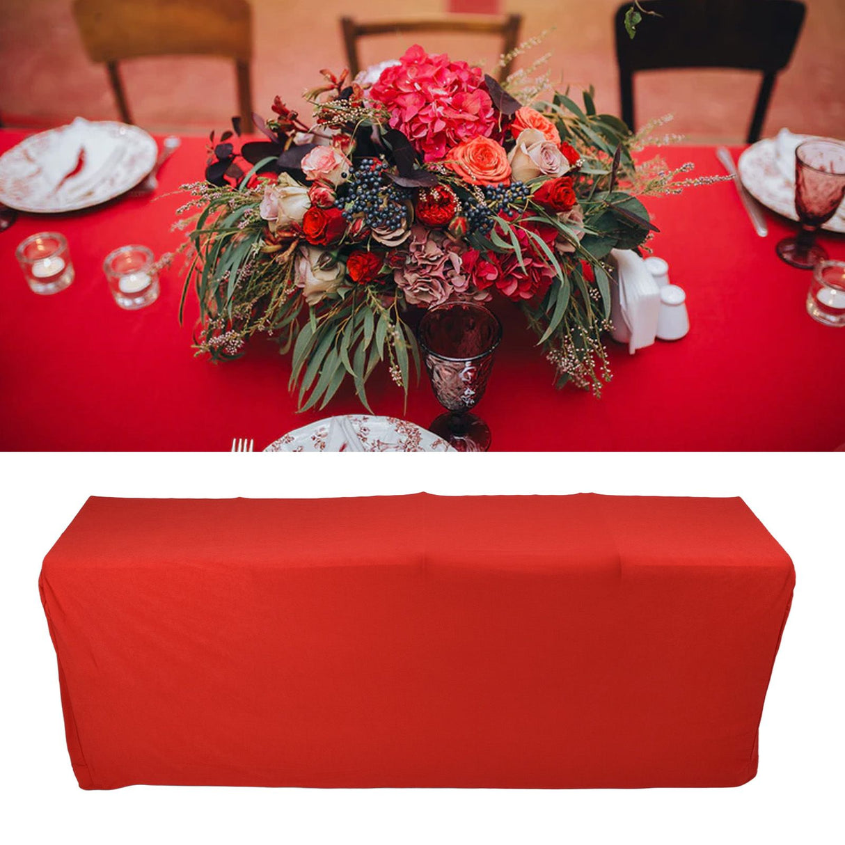 Stretch Spandex Table Cover Good Elasticity Washable Reusable Red Stretchable Tablecloth with 4 Pockets for Wedding Party4FT(122x76x76cm)