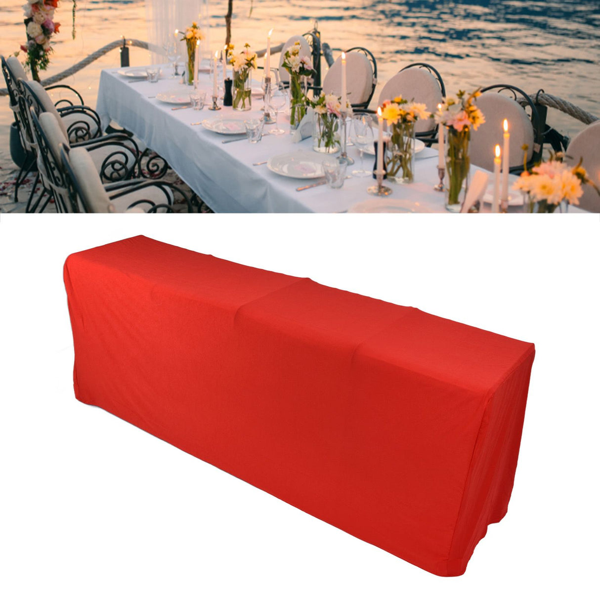 Stretch Spandex Table Cover Good Elasticity Washable Reusable Red Stretchable Tablecloth with 4 Pockets for Wedding Party8FT(244x76x76cm)