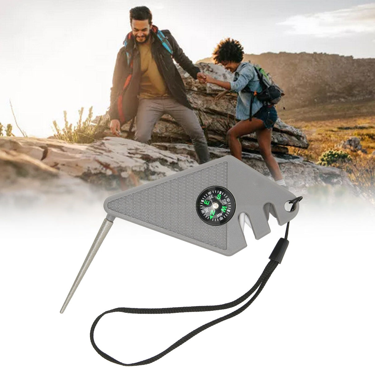 2PCS 6 in 1 Outdoor Knife Sharpener with Compass Survival Whistle Fish Hook Grinding Polishing Portable Gray