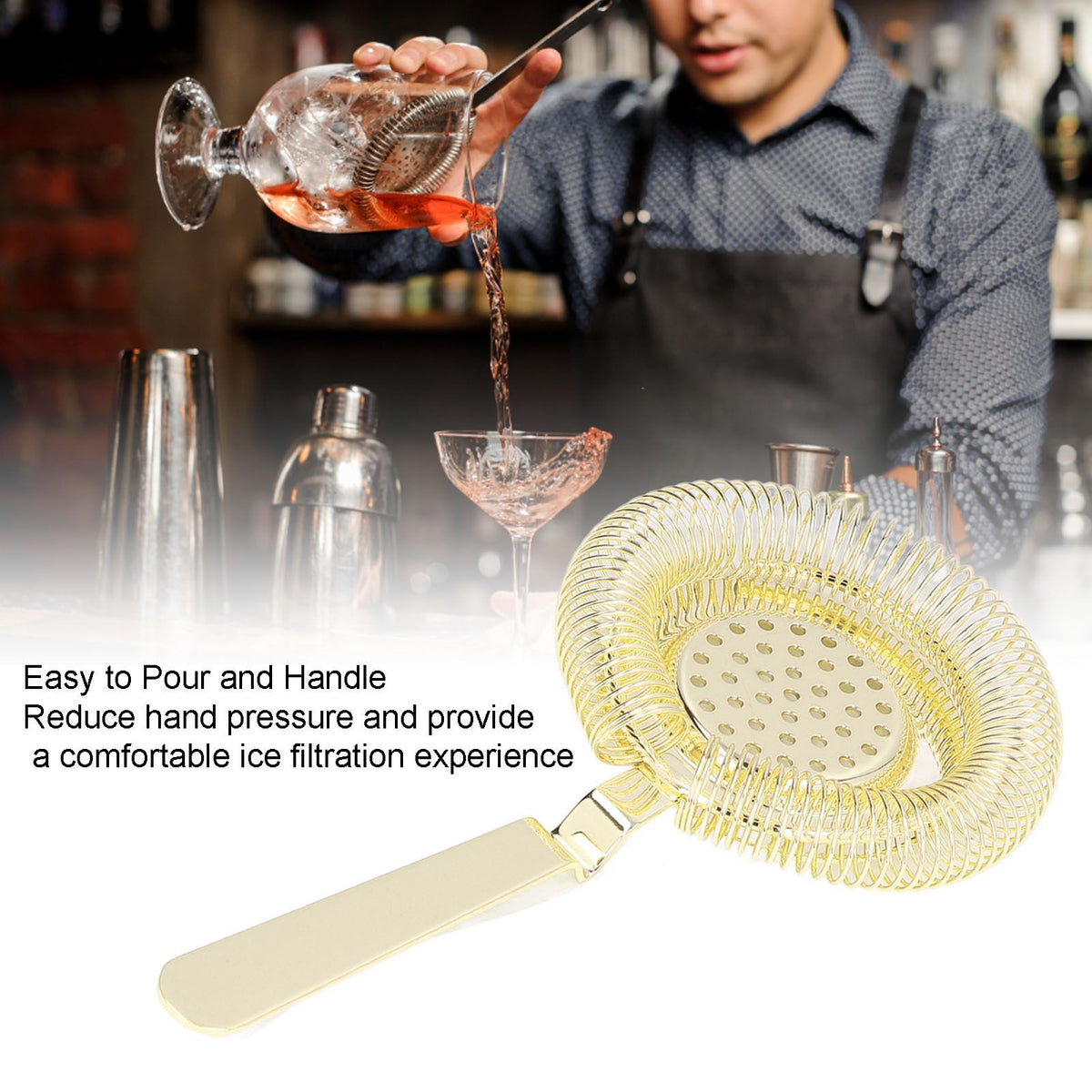 Bar Strainer Fine Filtering Professional Stainless Steel Cocktail Strainer for Bartending Restaurant Party Golden