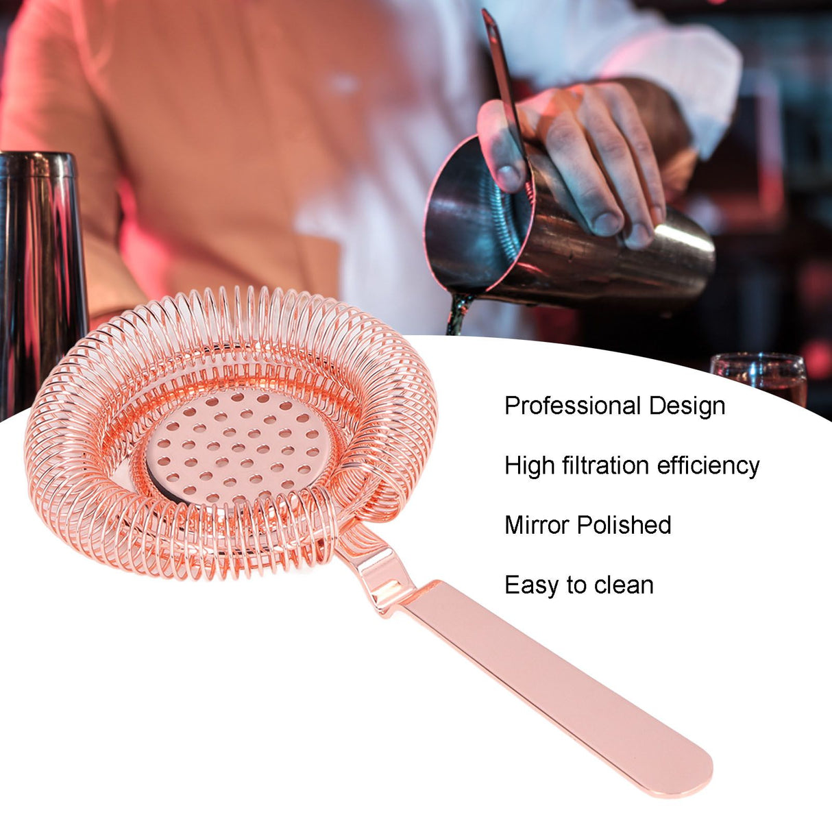 Bar Strainer Fine Filtering Professional Stainless Steel Cocktail Strainer for Bartending Restaurant Party Rose Golden