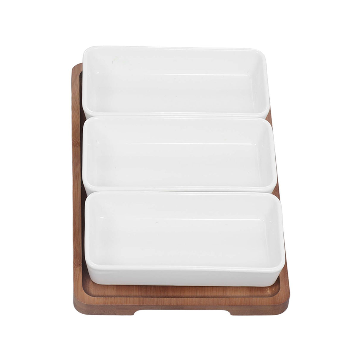 Snack Serving Tray Coffee Ceramic Segmented Long Strip Dishes Set with Bamboo Pallets for Cookies Nuts Bread Dessert