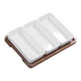 Snack Serving Tray Coffee Ceramic Segmented Long Strip Dishes Set with Bamboo Pallets for Cookies Nuts Bread Dessert - Close-Up Angle