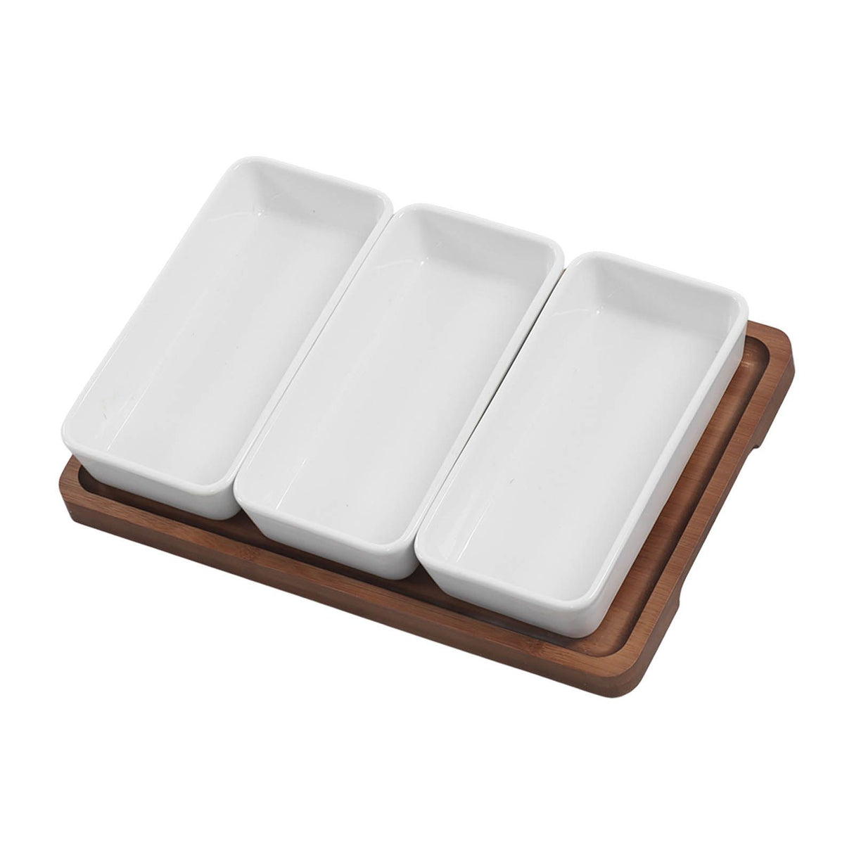 Snack Serving Tray Coffee Ceramic Segmented Long Strip Dishes Set with Bamboo Pallets for Cookies Nuts Bread Dessert