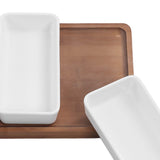 Snack Serving Tray Coffee Ceramic Segmented Long Strip Dishes Set with Bamboo Pallets for Cookies Nuts Bread Dessert