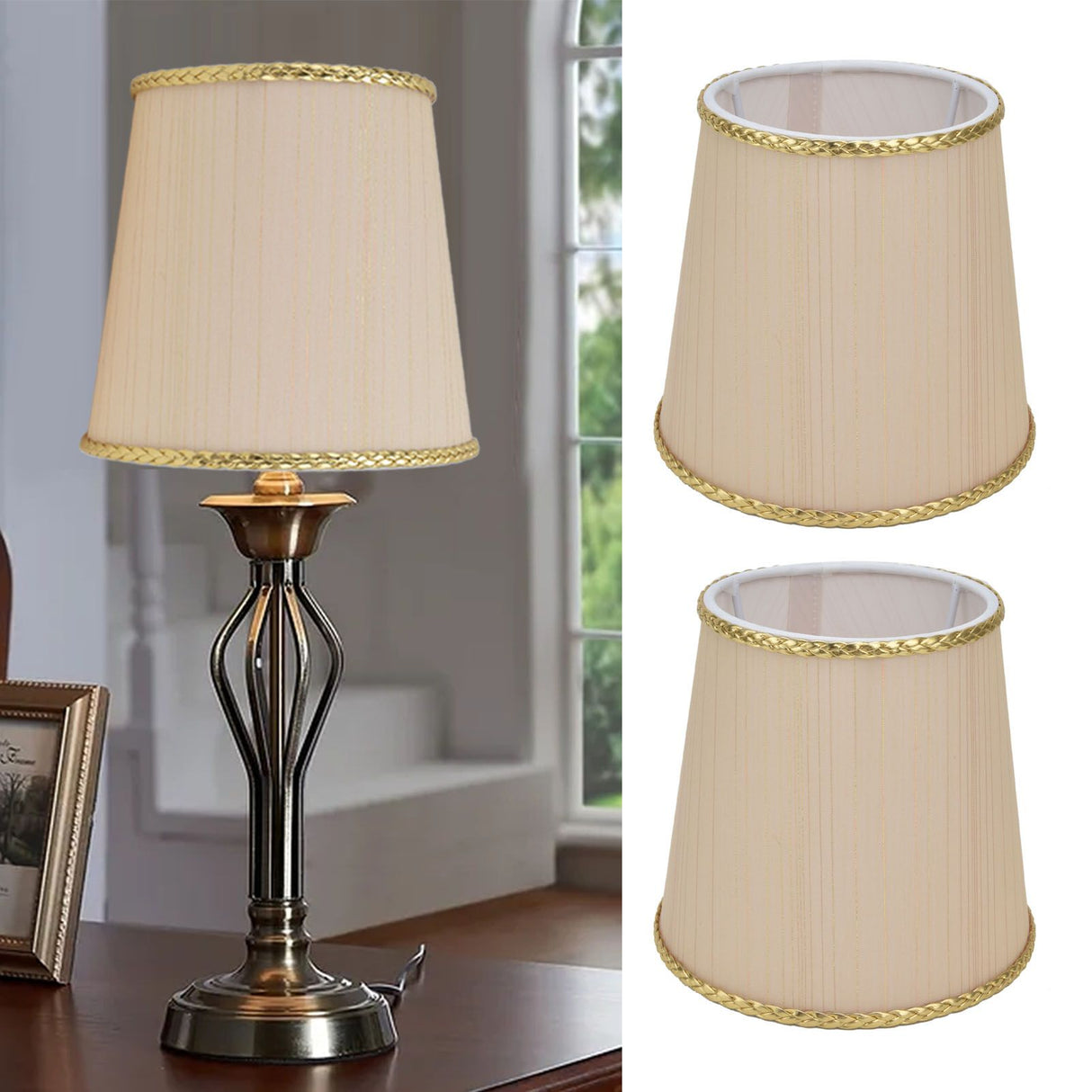 2PCS Small Lamp Shade Fabric Beige Golden Edge Lampshade for E14 Table Chandelier Wall Lamp