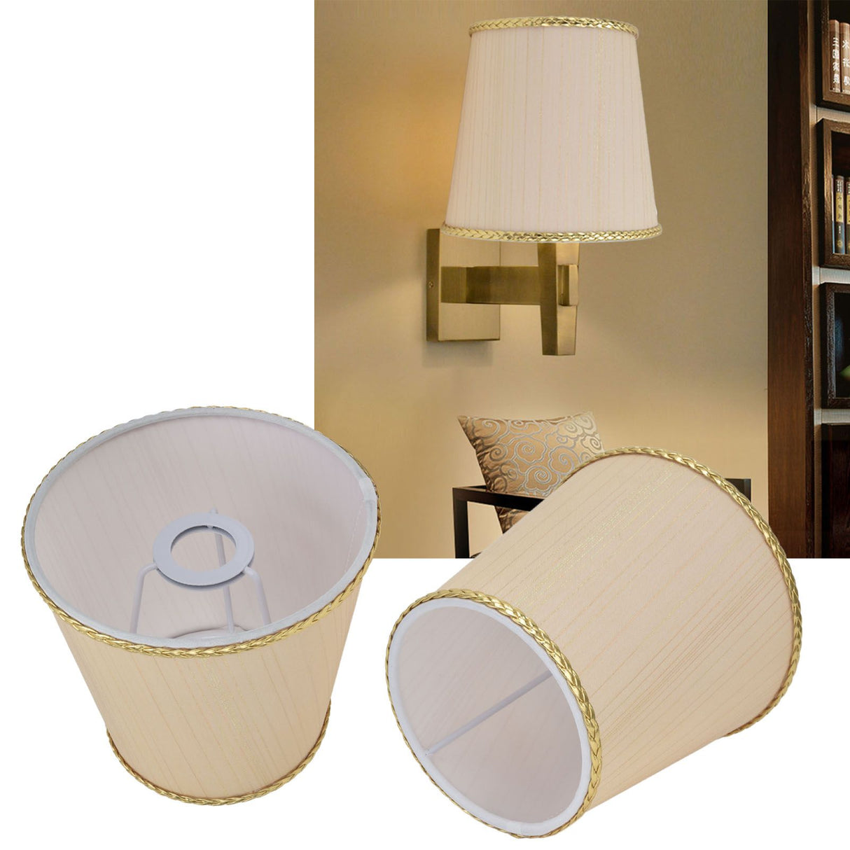 2PCS Small Lamp Shade Fabric Beige Golden Edge Lampshade for E14 Table Chandelier Wall Lamp
