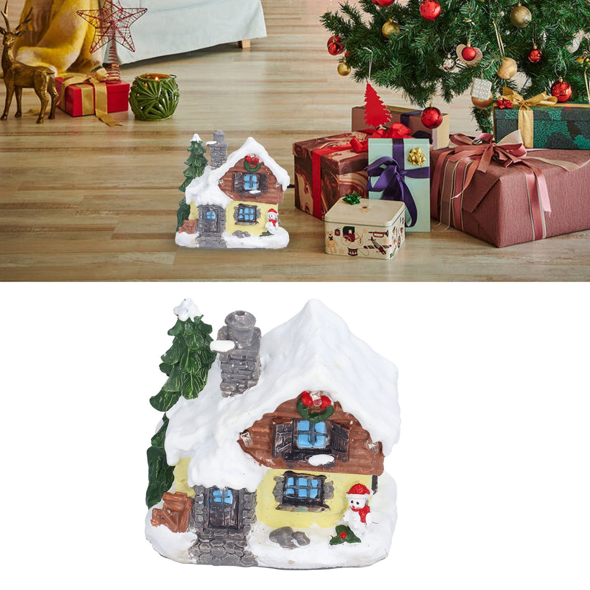 Winter Snow Christmas Houses Miniature Indoor Village Building Santa Houses Decor with Warm LED Light for Home