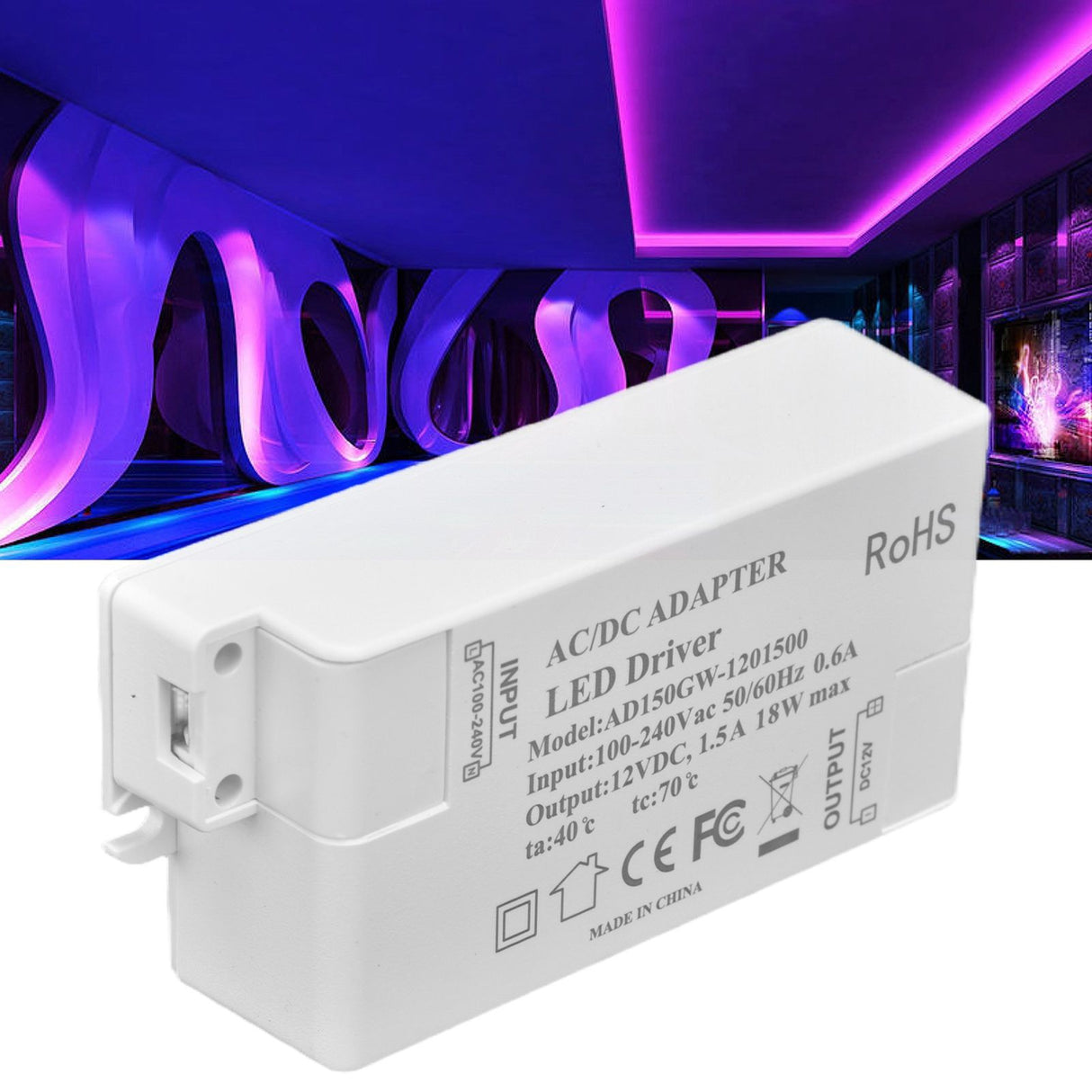 LED Driver 18W Power Supply Transformer AC100‑240V to DC12V 1.5A Output for LED Light Desk Lamp Outdoor Light
