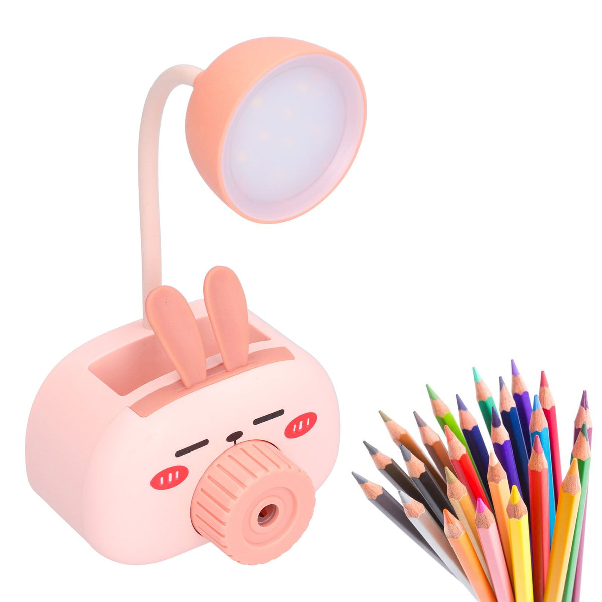 LED Folding Desk Lamp Cartoon Animal Multifunction Table Lamp Pen Holder Pencil Sharpener for Home OfficePink