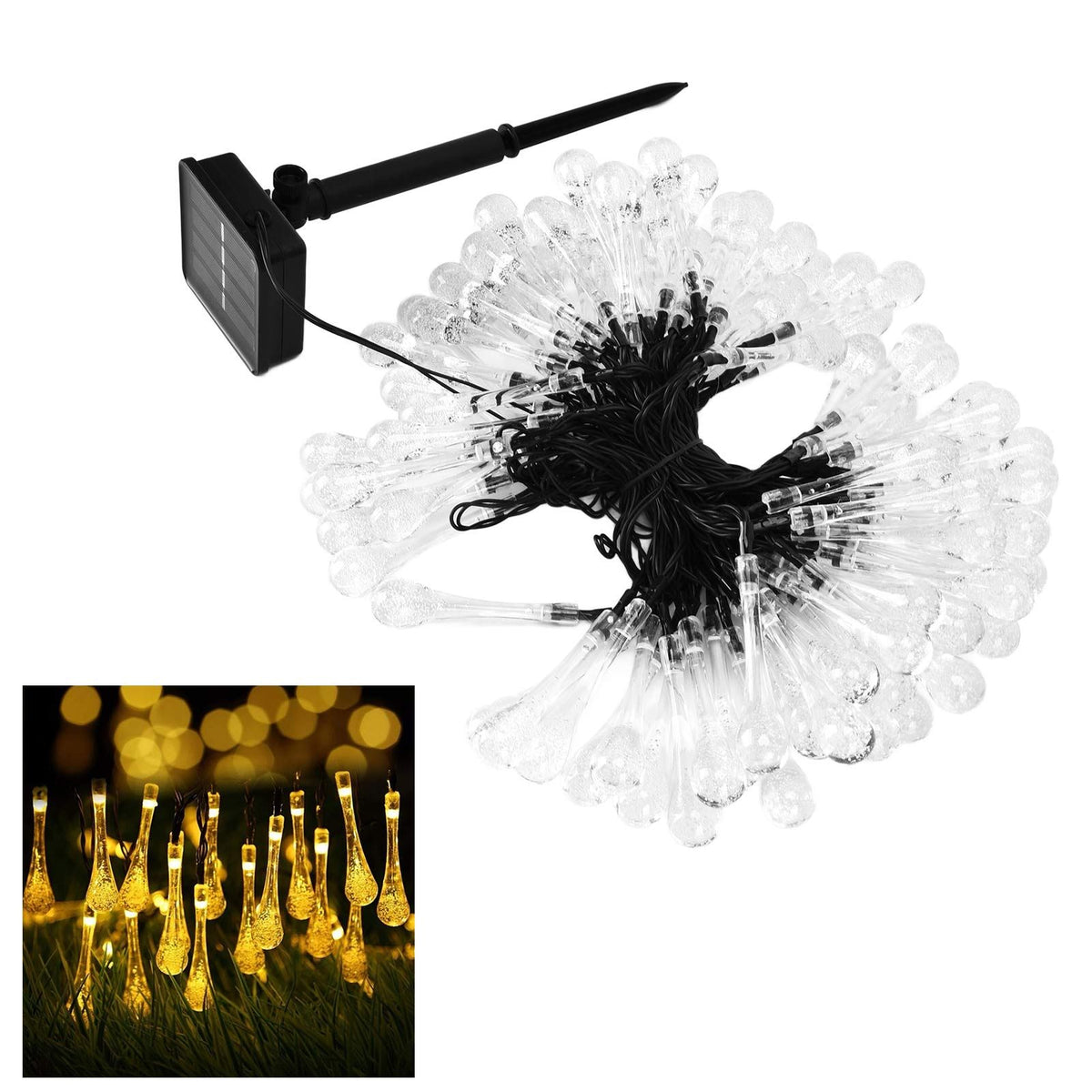 100LEDs String Lights Solar Powered Fairy Lamp 12m/39.3ft Waterproof Drop Shape for Patio Lawn Party DecorWarm Light