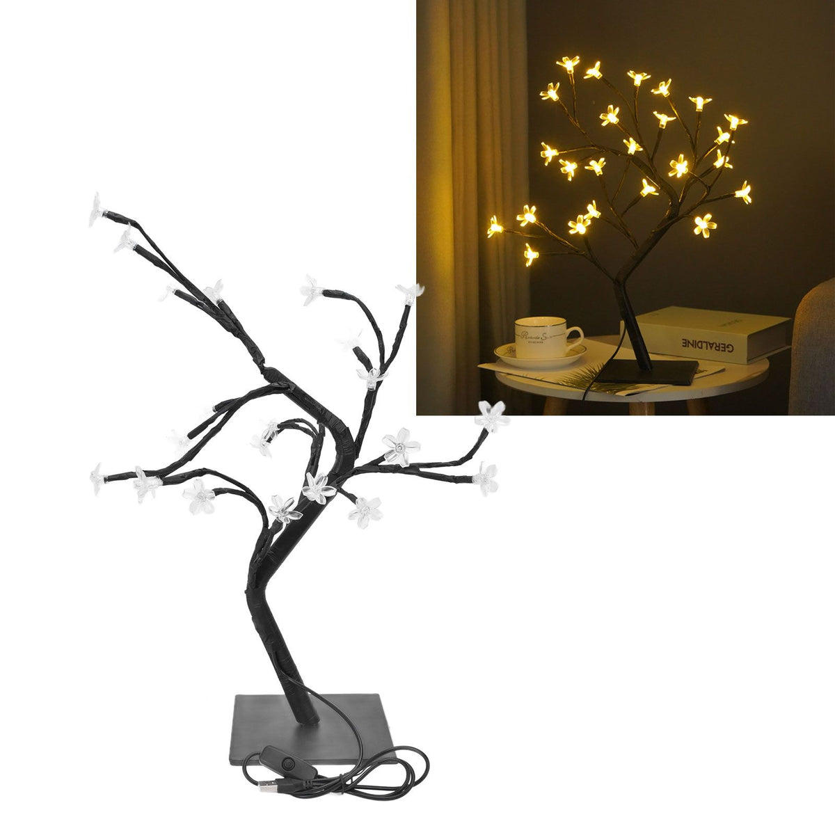 Cherry Blossoms Tree Lamp Plastic PVC Bonsai Light for Home Decoration USB Powered 24 LED