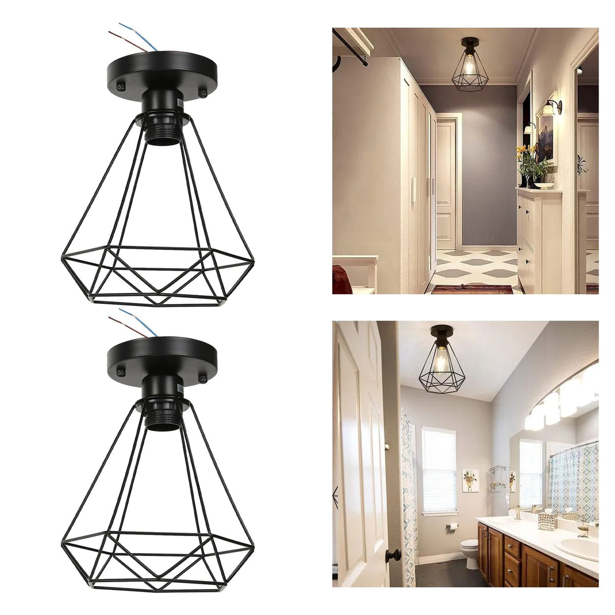 Ceiling Light Cage Guard Cover with Lamp Holder Base Vintage Industrial Style for E27 Bulbs