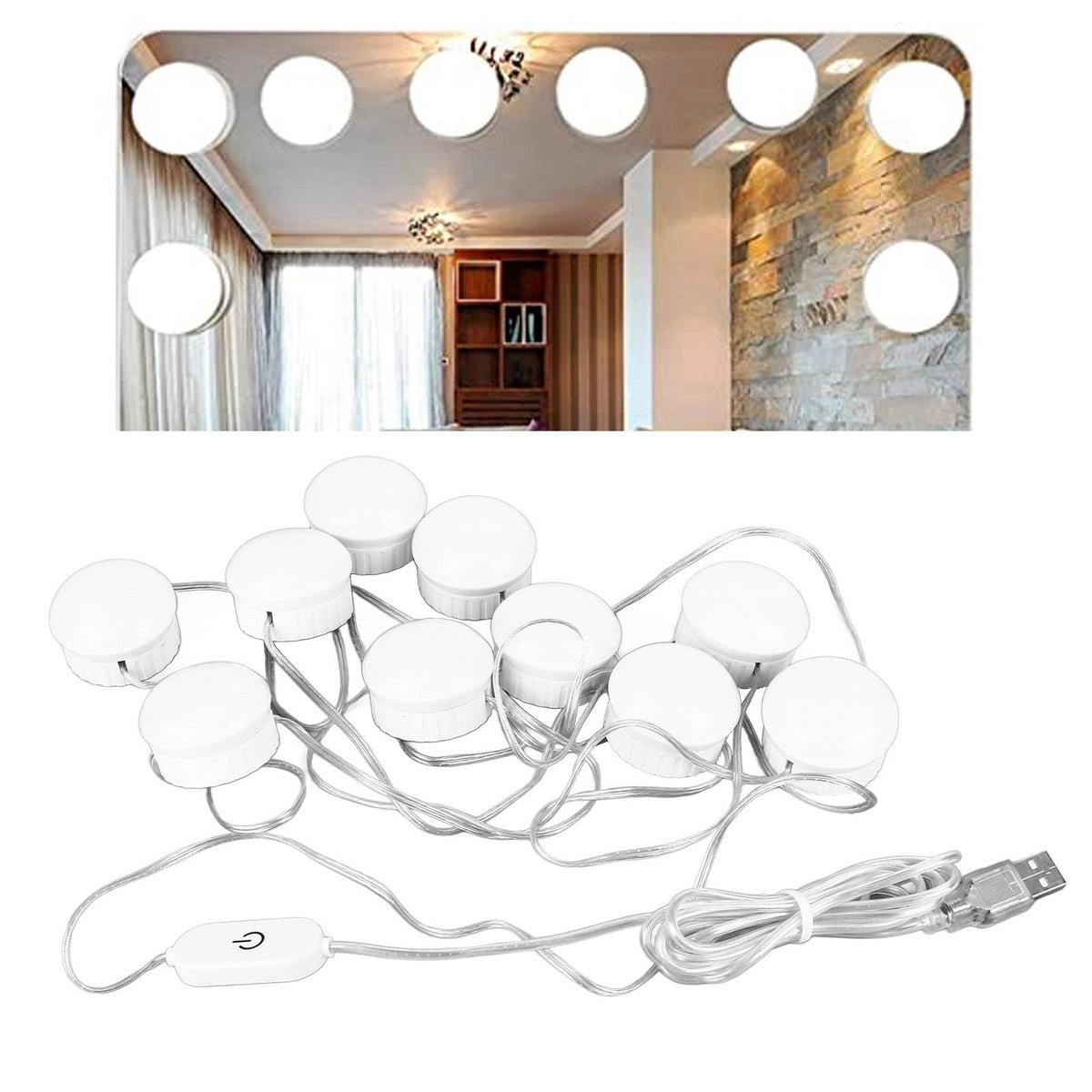 LED Mirror Light 5 Level Brightness Adjustment Touch Switch 10 Bulbs White Light Mirror Lamp with Retractable Cable