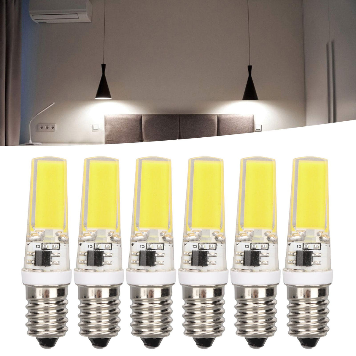 6PCS E14 COB Lamp Bulb Mini 360 Degree Lighting Heat Sinking Silicone Anti Glare for Chandelier Ceiling Light Cold White Light 6500K