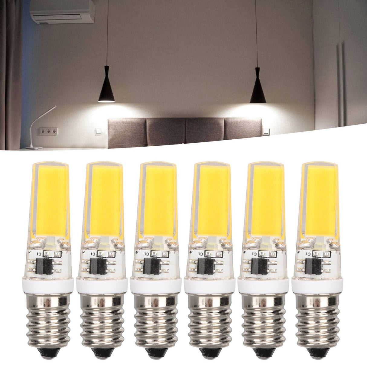 6PCS E14 COB Lamp Bulb Mini 360 Degree Lighting Heat Sinking Silicone Anti Glare for Chandelier Ceiling Light Warm White Light 3000K