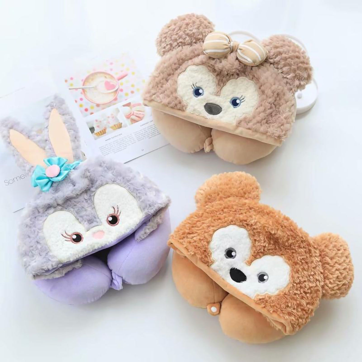Hooded U Shaped Pillow Cute Cartoon Travel PP Cotton U Shaped Neck Pillow for Airplane Seat Purple Rabbit
