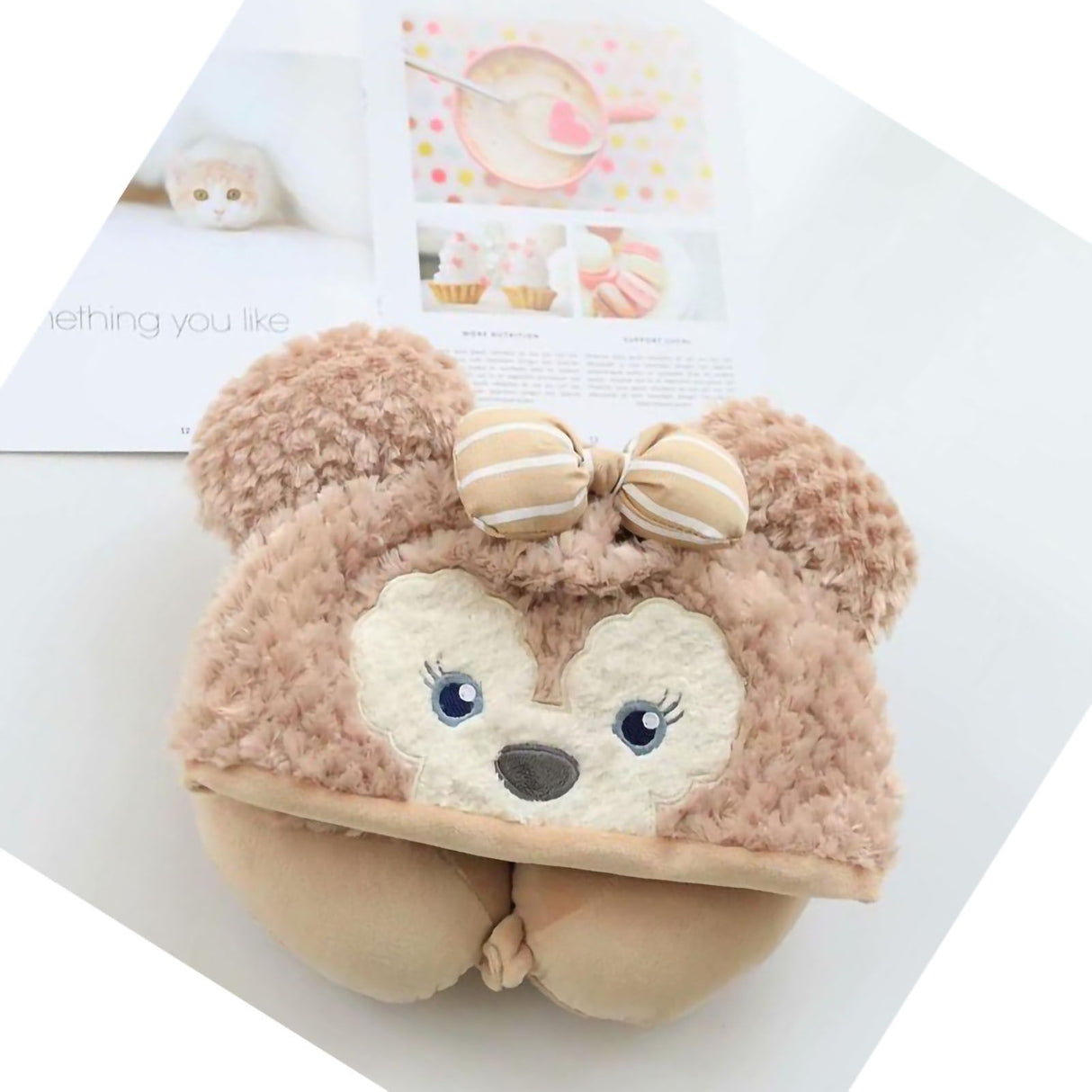 Hooded U Shaped Pillow Cute Cartoon Travel PP Cotton U Shaped Neck Pillow for Airplane Seat Khaki Bear