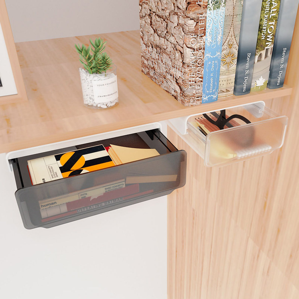 Under Desk Storage Box No Punching Storage ABS PS Small Hidden Drawer For Dormitory Small Transparent White