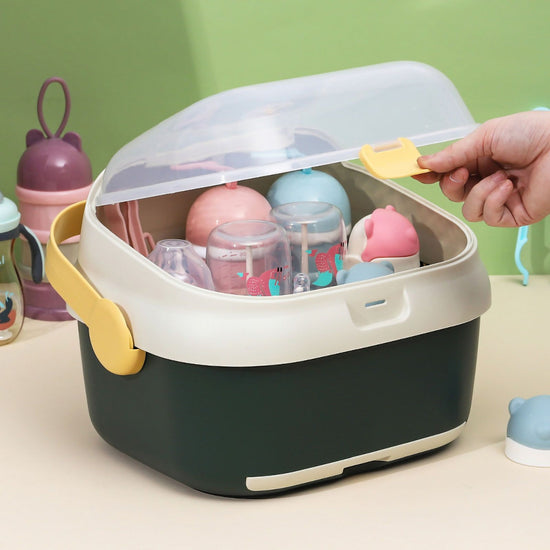 Baby Bottle Drying Rack Nursing Bottle Storage Box Container with Swivel Vent Dust Cover Drain Tray Detachable Holder Green