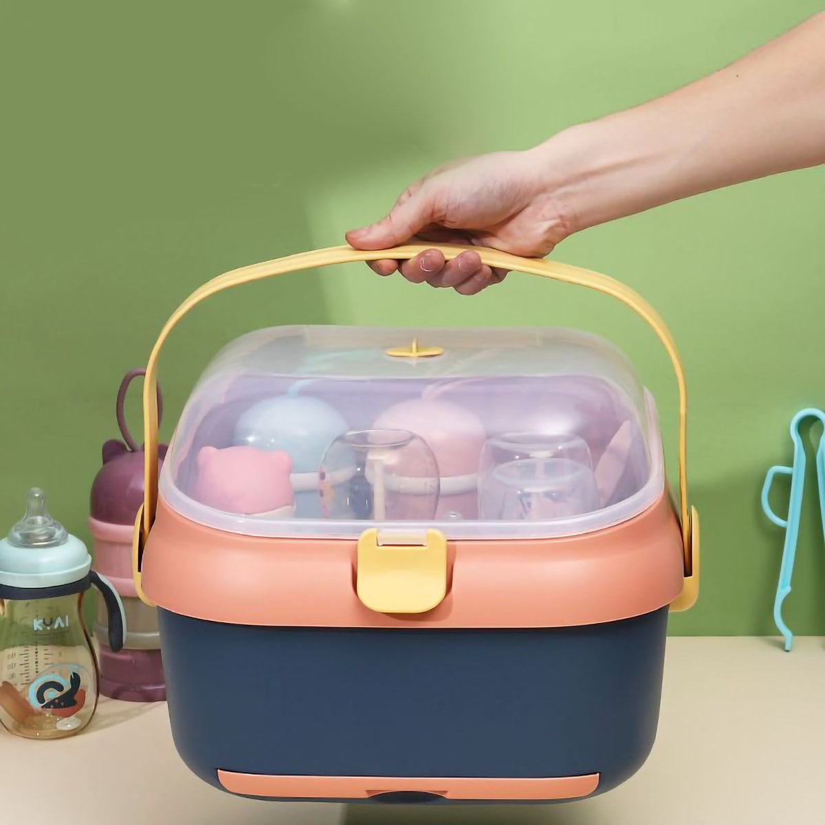 Baby Bottle Drying Rack Nursing Bottle Storage Box Container with Swivel Vent Dust Cover Drain Tray Detachable Holder Blue