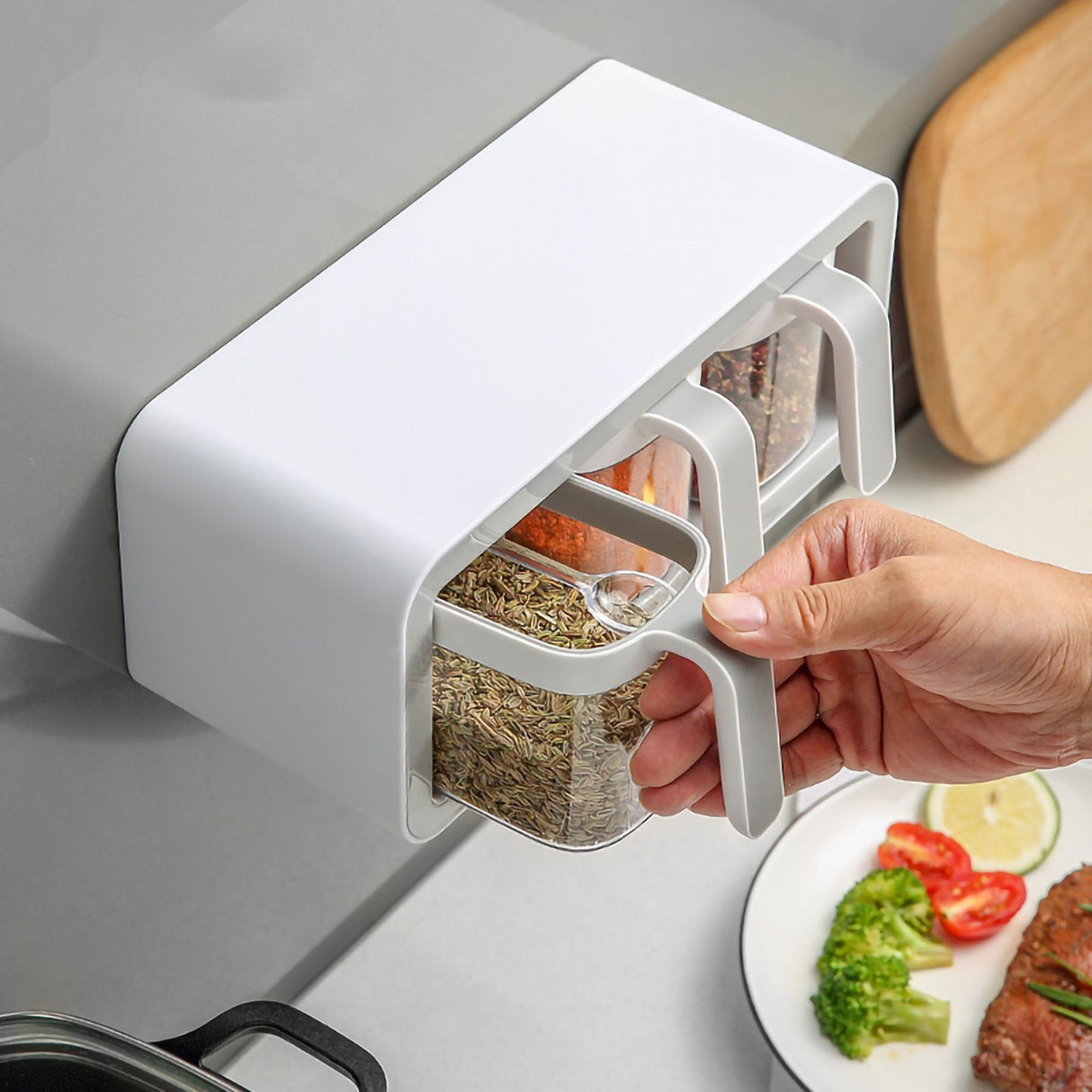 Seasoning Box Wall Mount Multi Grid Seasoning Storage Container Kitchen Seasoning Jar Combination Set 2 Container Gray with 2 Spoons